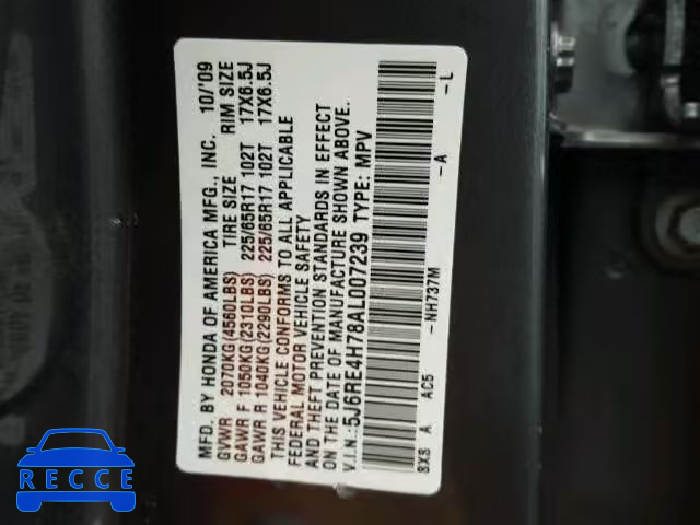 2010 HONDA CR-V EX-L 5J6RE4H78AL007239 image 9