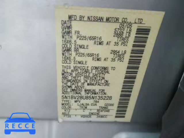 2005 NISSAN QUEST S/SE 5N1BV28U85N135228 image 9