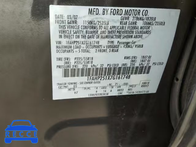 2007 FORD FIVE HUNDR 1FAHP251X7G161748 Bild 9