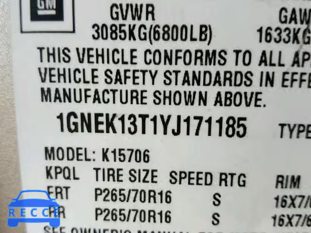 2000 CHEVROLET TAHOE K150 1GNEK13T1YJ171185 image 9