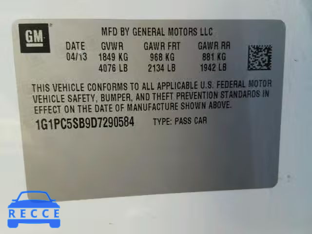 2013 CHEVROLET CRUZE LT 1G1PC5SB9D7290584 Bild 9