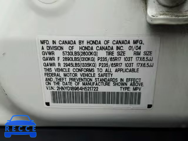 2004 ACURA MDX Touring 2HNYD18964H521722 Bild 9