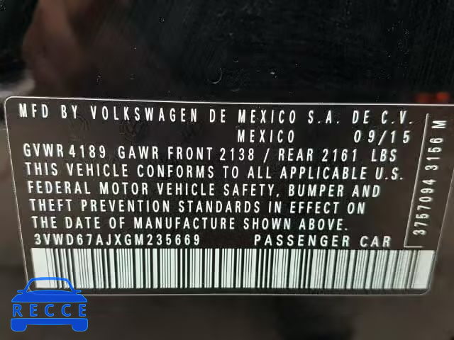 2016 VOLKSWAGEN JETTA SE 3VWD67AJXGM235669 image 9