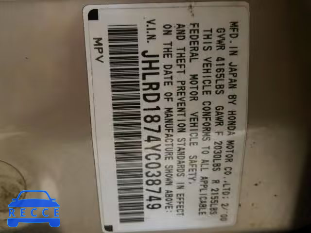 2000 HONDA CR-V SE JHLRD1874YC038749 Bild 9