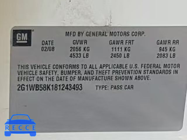2008 CHEVROLET IMPALA LS 2G1WB58K181243493 зображення 9