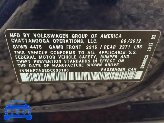 2013 VOLKSWAGEN PASSAT S 1VWAP7A38DC036196 image 9