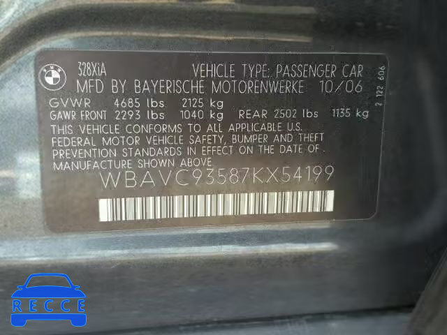 2007 BMW 328XI WBAVC93587KX54199 зображення 9