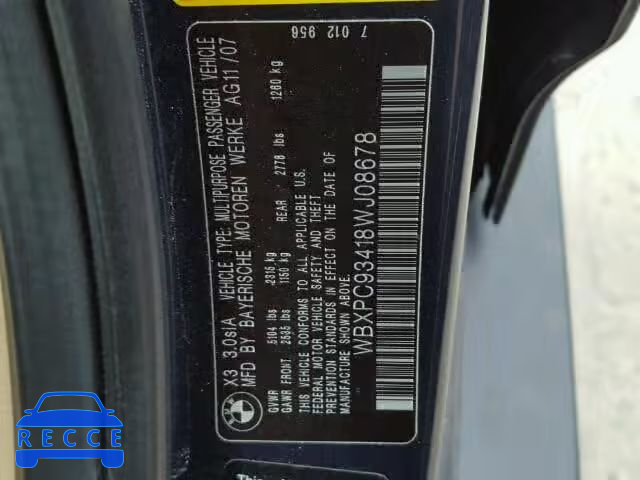 2008 BMW X3 3.0SI WBXPC93418WJ08678 Bild 9