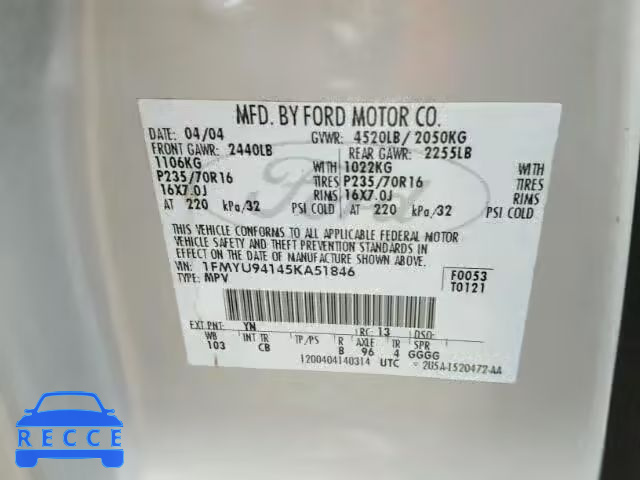 2005 FORD ESCAPE LIM 1FMYU94145KA51846 image 9