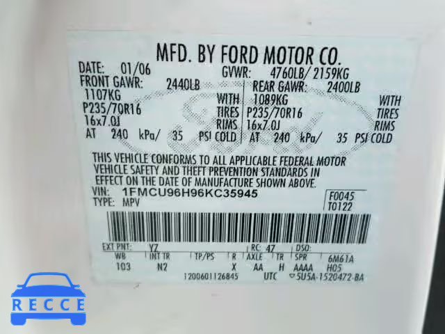 2006 FORD ESCAPE HEV 1FMCU96H96KC35945 зображення 9