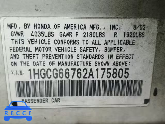 2002 HONDA ACCORD LX 1HGCG66762A175805 image 9