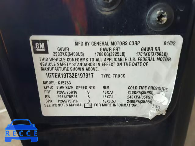 2002 GMC SIERRA K15 1GTEK19T32E197917 Bild 9