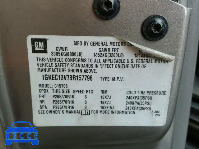 2003 GMC YUKON 1GKEC13V73R157796 image 9
