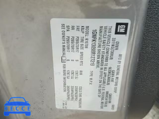 2008 CHEVROLET TAHOE K150 1GNFK13098R127219 image 9