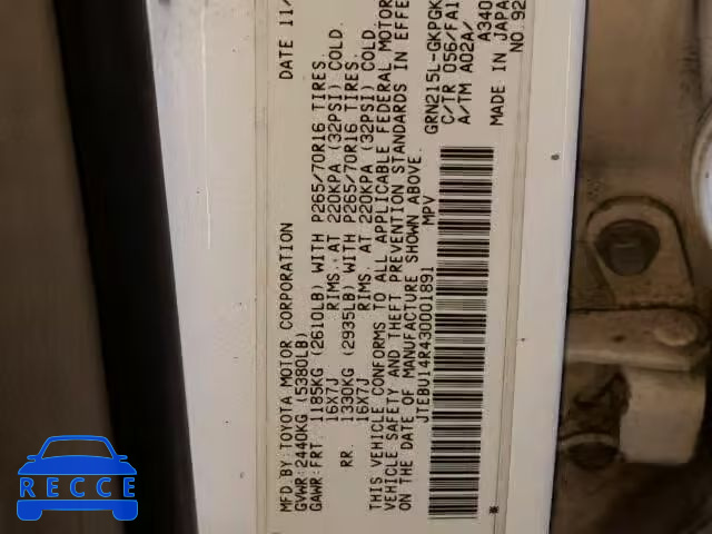 2003 TOYOTA 4RUNNER SR JTEBU14R430001891 image 9