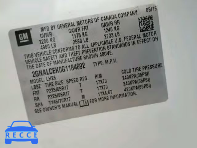 2016 CHEVROLET EQUINOX LT 2GNALCEK0G1184692 image 9