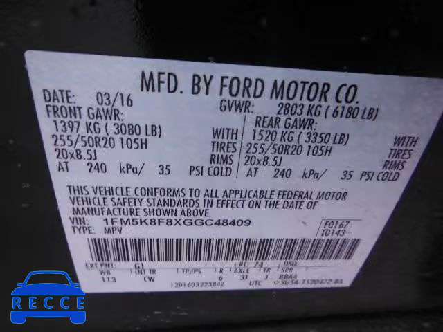 2016 FORD EXPLORER L 1FM5K8F8XGGC48409 Bild 9