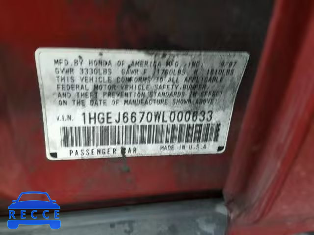 1998 HONDA CIVIC LX 1HGEJ6670WL000633 Bild 9