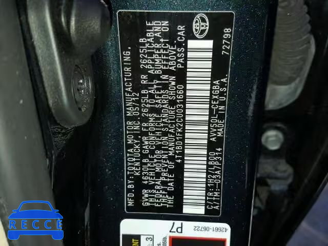 2012 TOYOTA CAMRY HYBR 4T1BD1FK2CU031660 image 9