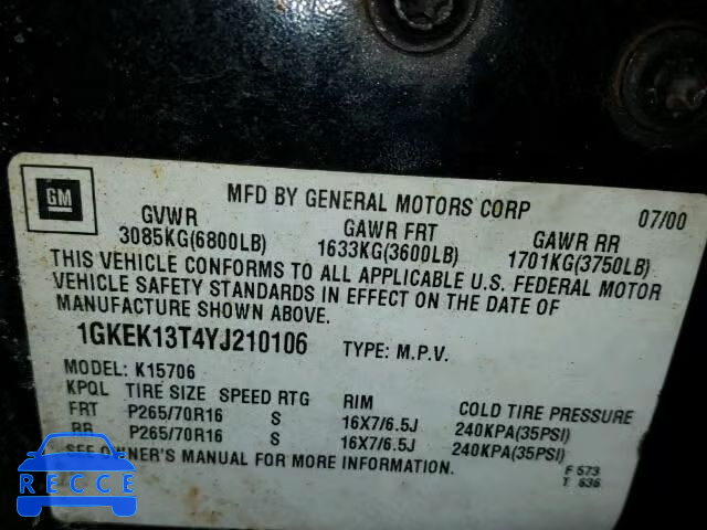 2000 GMC YUKON 1GKEK13T4YJ210106 image 9