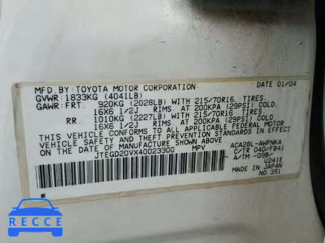 2004 TOYOTA RAV4 JTEGD20VX40023300 image 9