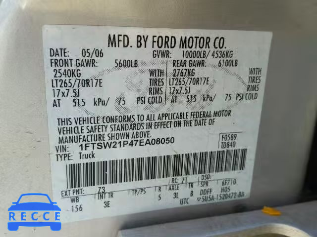 2007 FORD F250 SUPER 1FTSW21P47EA08050 image 9