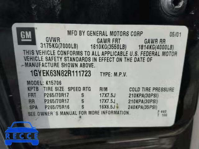 2002 CADILLAC ESCALADE L 1GYEK63N82R111723 image 9