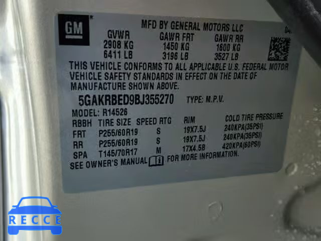 2011 BUICK ENCLAVE CX 5GAKRBED9BJ355270 image 9