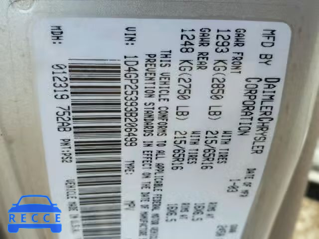 2003 DODGE CARAVAN SE 1D4GP25393B206499 image 9