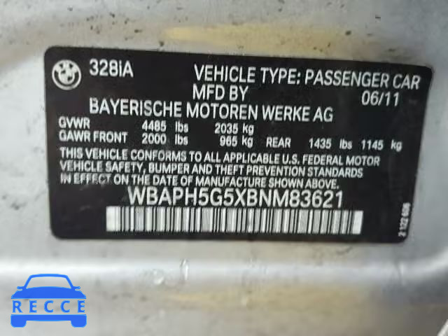 2011 BMW 328I SULEV WBAPH5G5XBNM83621 зображення 9