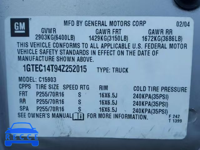 2004 GMC SIERRA C15 1GTEC14T94Z252015 image 9