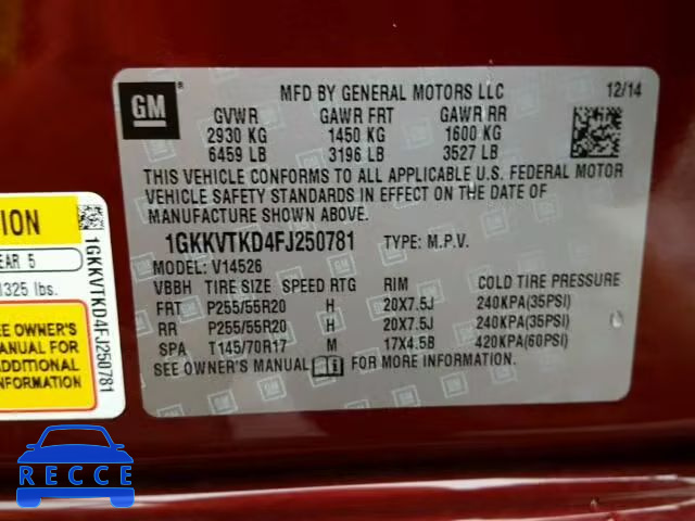 2015 GMC ACADIA DEN 1GKKVTKD4FJ250781 зображення 9