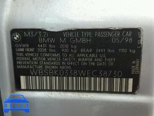 1998 BMW M3 AUTOMATICAT WBSBK0338WEC38730 зображення 9