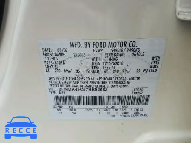 2007 FORD EDGE SEL P 2FMDK49C57BB52683 зображення 9