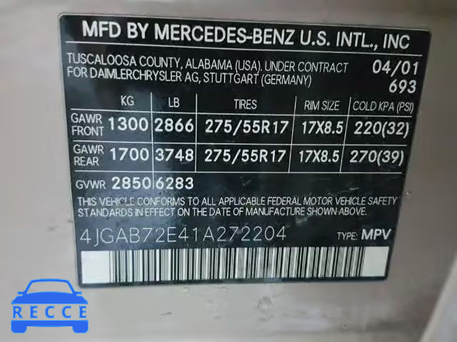 2001 MERCEDES-BENZ ML430 4JGAB72E41A272204 image 9
