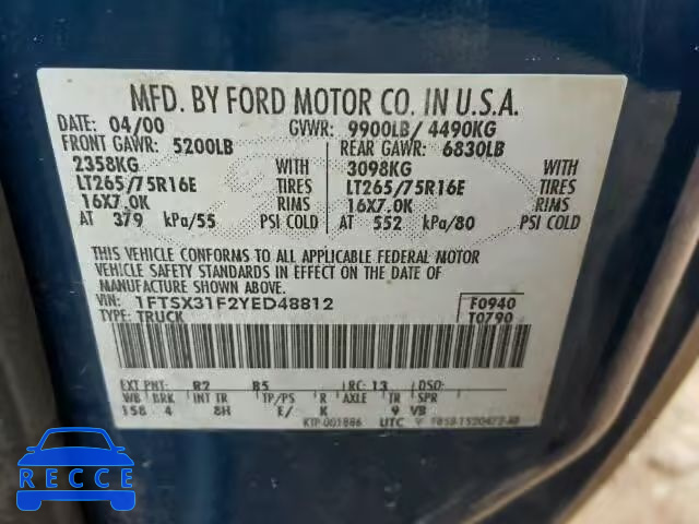 2000 FORD F350 SUPER 1FTSX31F2YED48812 image 9