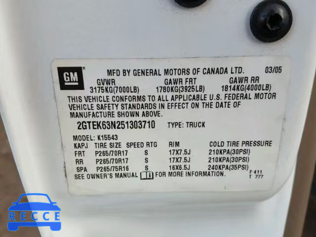 2005 GMC SIERRA K15 2GTEK63N251303710 image 9