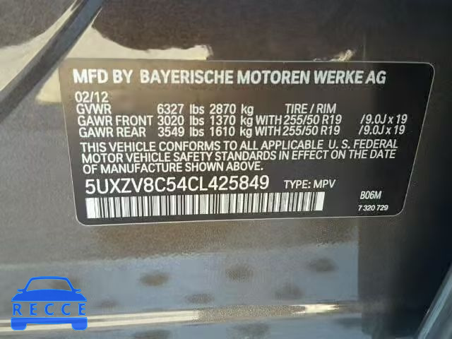 2012 BMW X5 XDRIVE5 5UXZV8C54CL425849 зображення 9