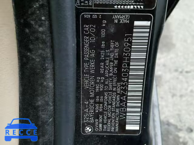 2003 BMW 325I WBAAZ33403PH30951 image 9