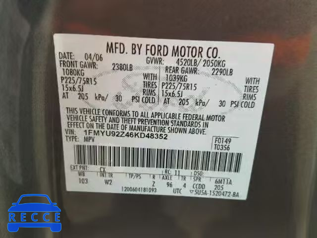 2006 FORD ESCAPE XLS 1FMYU92Z46KD48352 зображення 9