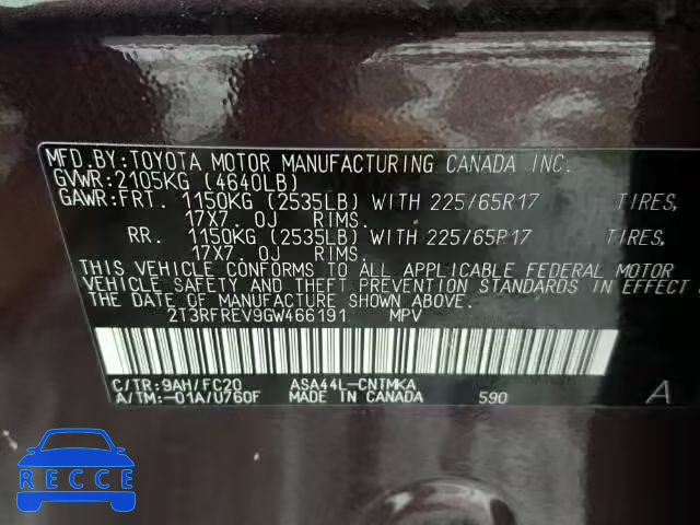 2016 TOYOTA RAV4 XLE 2T3RFREV9GW466191 image 9