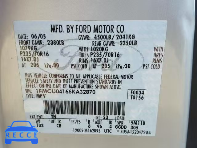 2006 FORD ESCAPE LIM 1FMCU04166KA32870 image 9