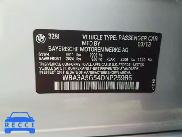 2013 BMW 328I WBA3A5G54DNP25986 зображення 9