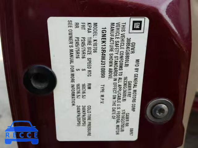 1998 CHEVROLET TAHOE K150 1GNEK13R4WJ310890 image 9