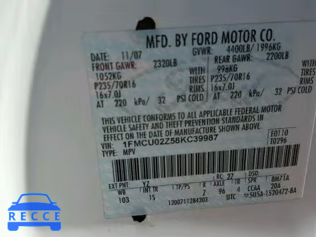 2008 FORD ESCAPE XLS 1FMCU02Z58KC39987 image 9