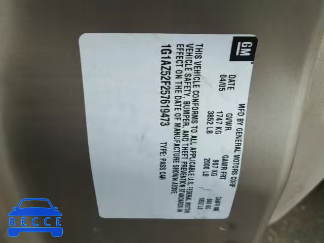2005 CHEVROLET COBALT LT 1G1AZ52F257619473 image 9