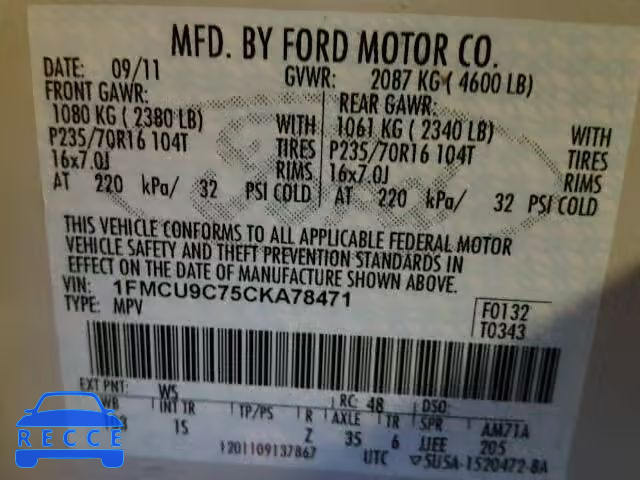 2012 FORD ESCAPE XLS 1FMCU9C75CKA78471 Bild 9