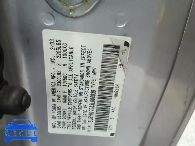 2003 HONDA ELEMENT DX 5J6YH17243L004039 image 9