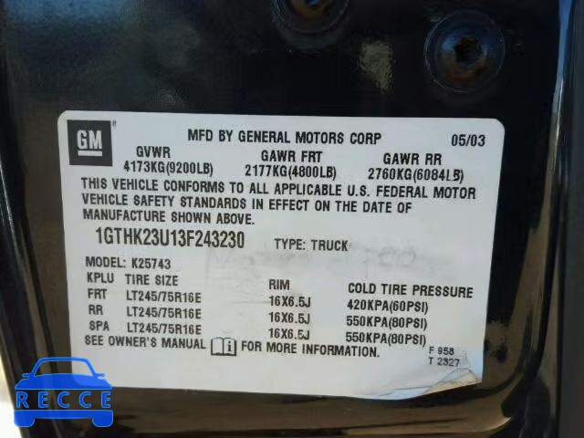 2003 GMC SIERRA K25 1GTHK23U13F243230 image 9