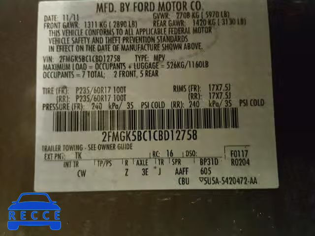 2012 FORD FLEX SE 2FMGK5BC1CBD12758 image 9